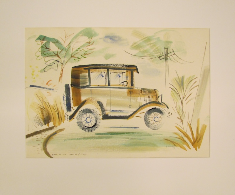 Francis Hamabe's watercolor depicts a jeep parked near trees and a power line. 