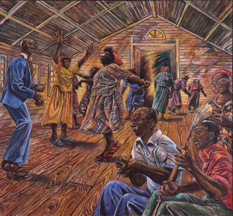 Art Rosenbaum’s painting “McIntosh County Shouters” shows an African American ring shout in a rustic building with a high ceiling. People clap, sing, play instruments and dance.