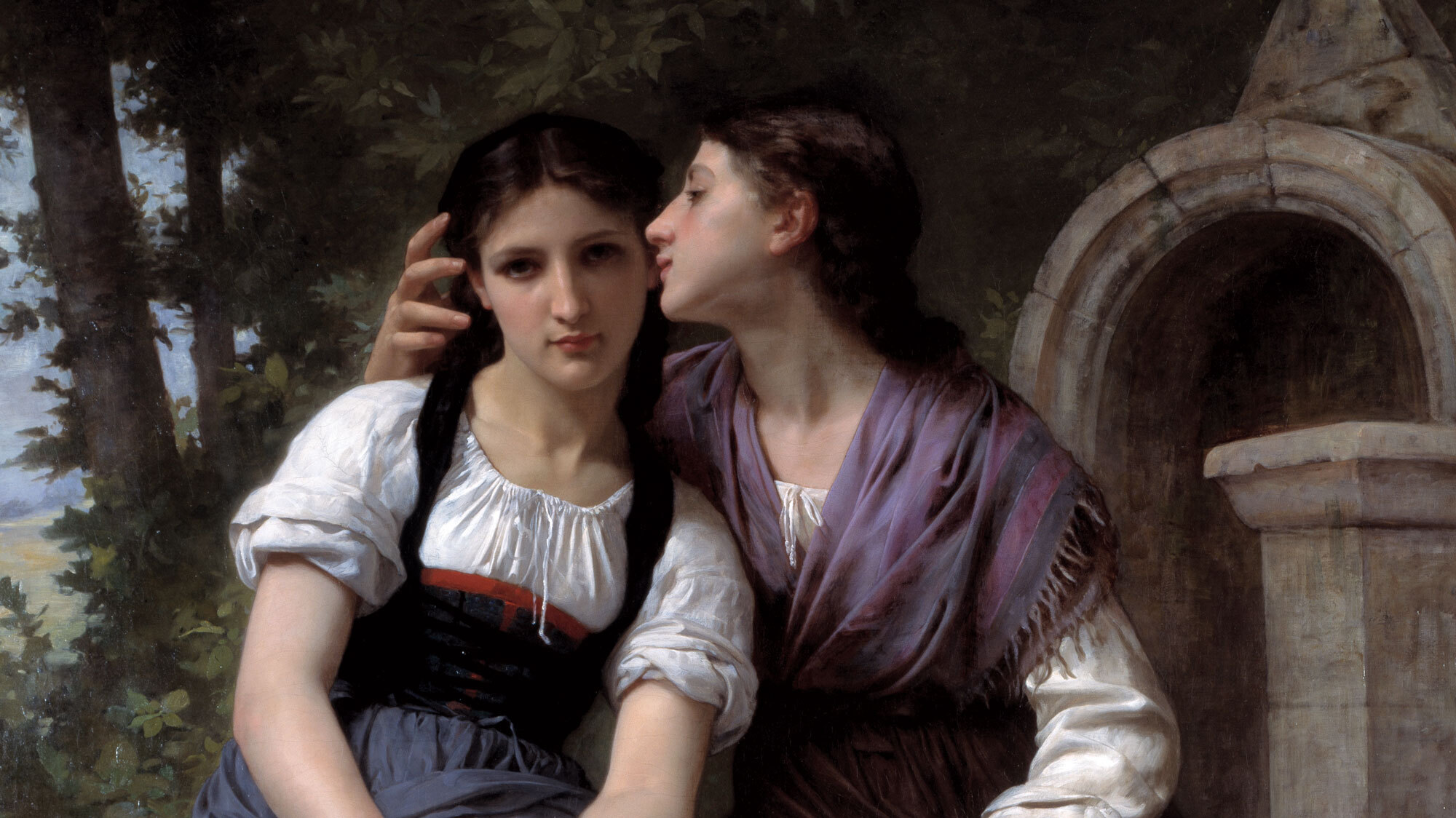 A detail of Elizabeth Jane Gardner Bouguereau's painting "La Confidence," which features one woman whispering in the ear of another