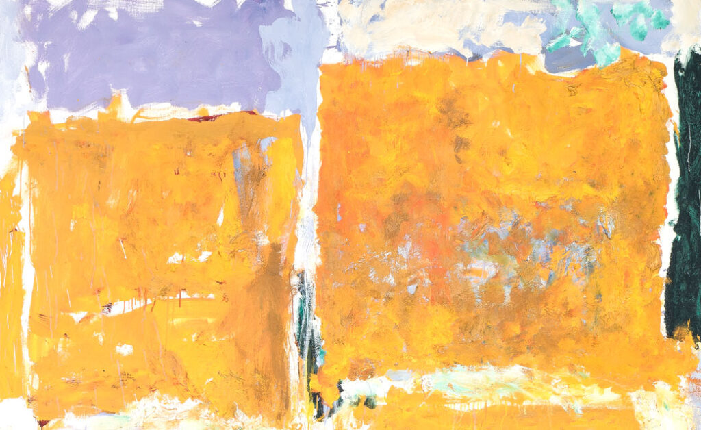 A detail of Joan Mitchell's large abstract painting "Close" that shows where paint is cracking and flaking