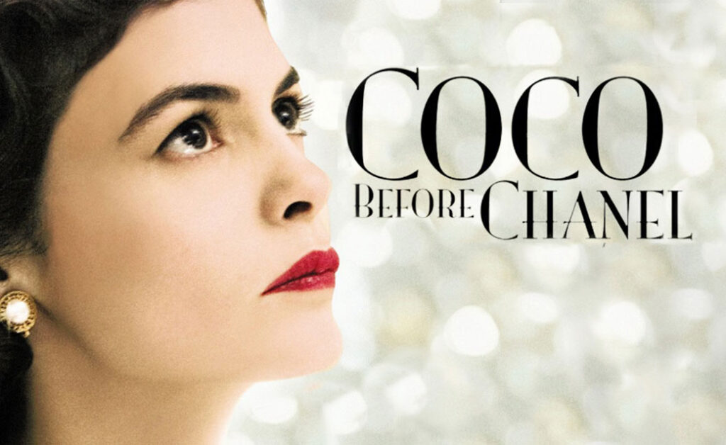 A color photograph of Audrey Tautou, playing Coco Chanel, in close-up, plus the words "Coco Before Chanel" in close-up