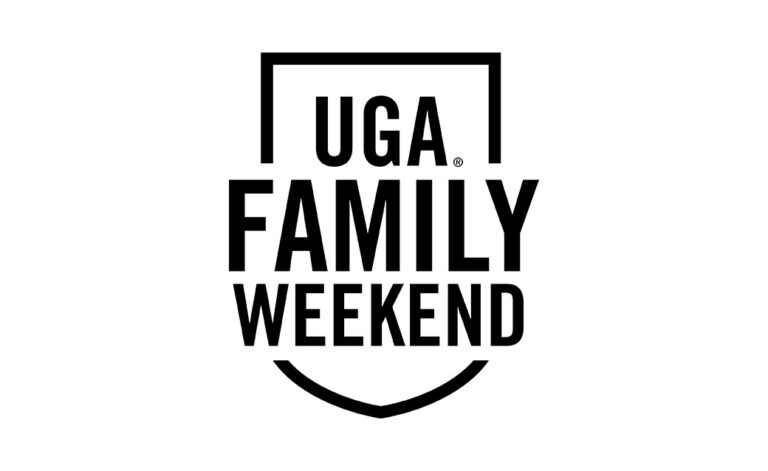 A shield symbol with the words UGA Family Weekend inside it
