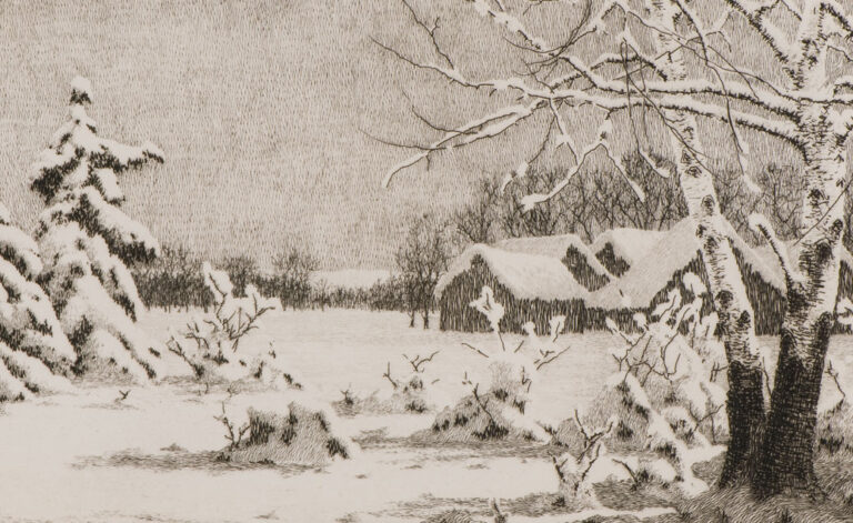 Detail of a black-and-white etching by C. Jac Young that shows a winter nature scene.