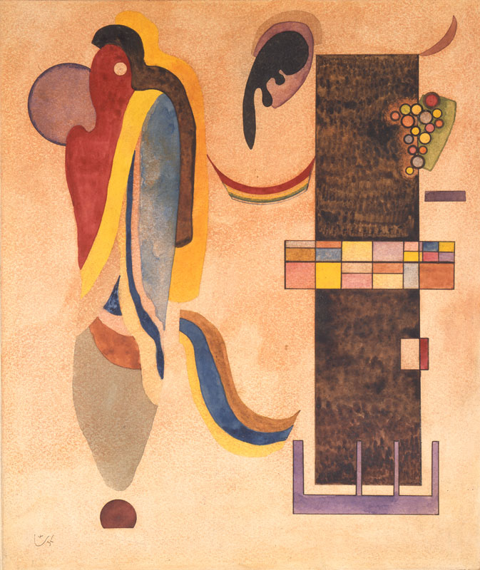 An abstract painting on paper by Wassily Kandinsky that features two tall, vertical shapes next to each other. On the left is a softer, more colorful shape with rounded forms. On the right is a black rectangle with a grid of colored squares around its middle. The left form reaches toward the right one with tendrils of color.
