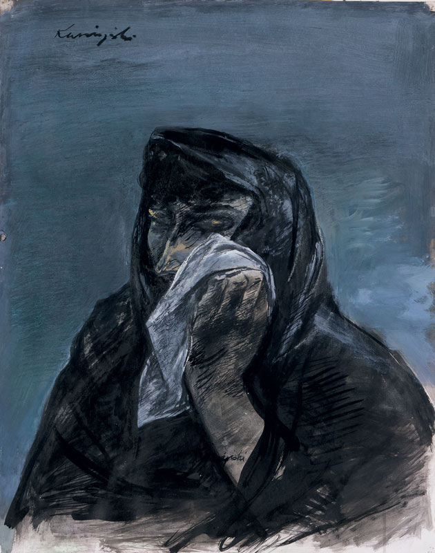 A drawing by Yasuo Kuniyoshi of a woman all in black, holding a white handkerchief to her eye. She almost blends into the dark blue background.