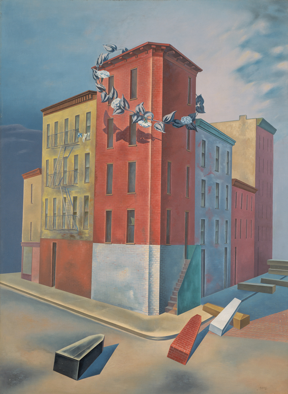 O. Louis Guglielmi's painting "Tenements," one of several similar works he made. Adjoining apartment buildings rise against the sky, one with a black-and-white wreath hanging off it at a diagonal. Coffins made of brick and other material lie in the street and on the sidewalk.