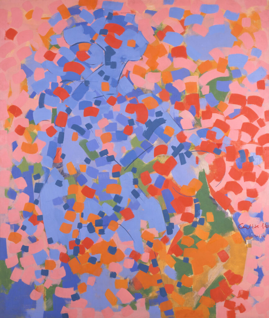 Carl Holty's painting "Two Bathers," an abstracted view of two figures in blue on a pink background, both made up of and obscured by a sea of rectangular shapes in warm and cool colors