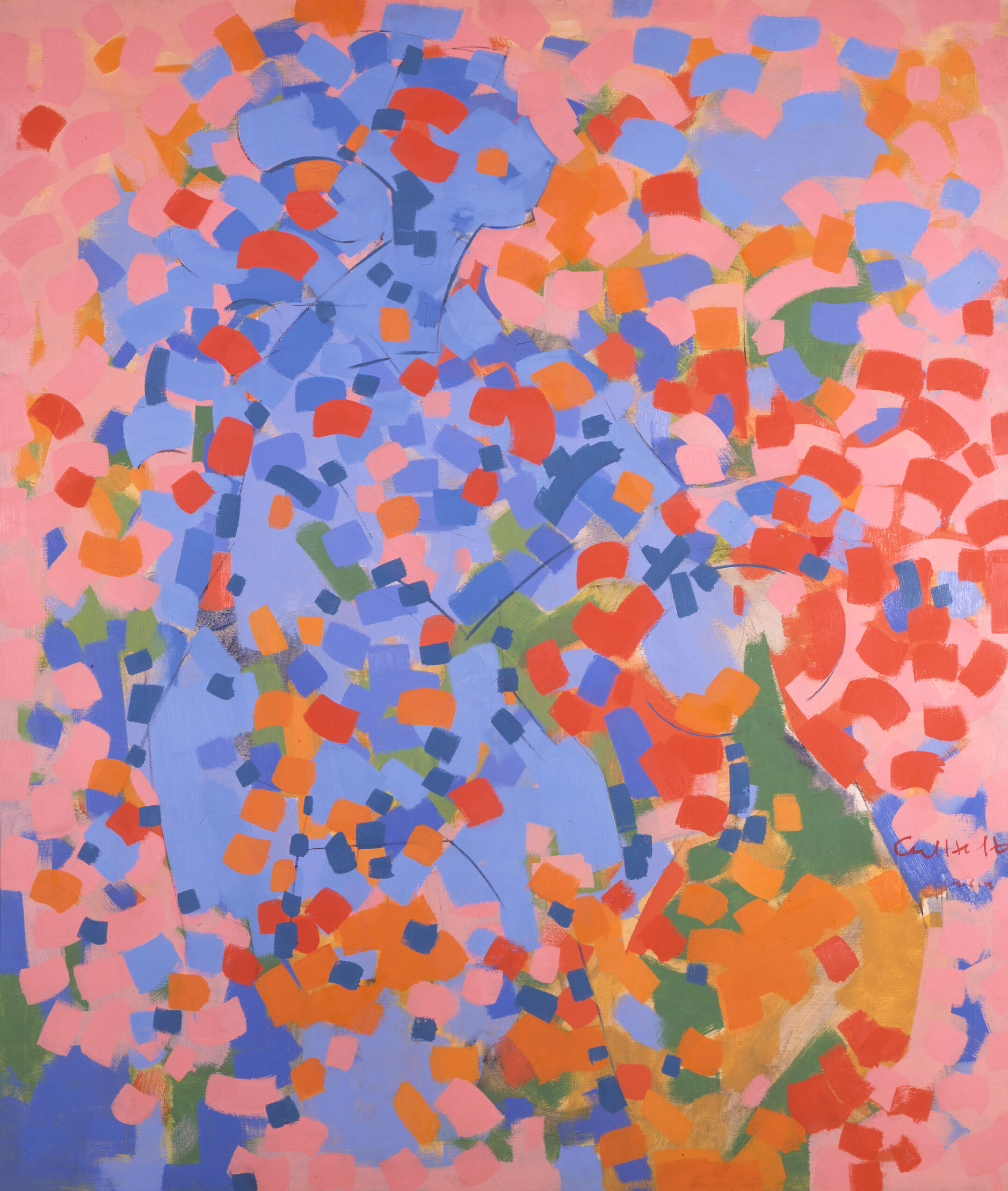 Carl Holty's painting "Two Bathers," an abstracted view of two figures in blue on a pink background, both made up of and obscured by a sea of rectangular shapes in warm and cool colors