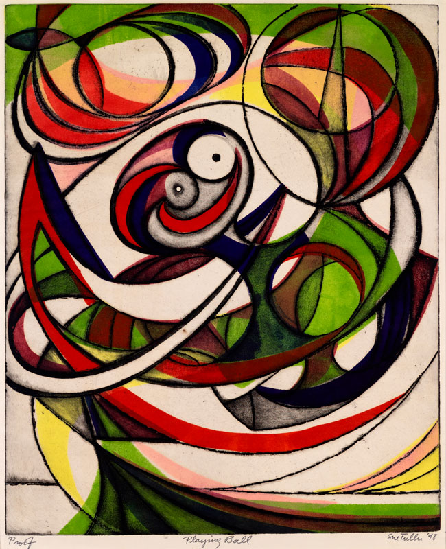 An abstracted image of a child playing with a ball; we can see wild eyes and a big smile on a central figure's face, but it's hard to make out much else