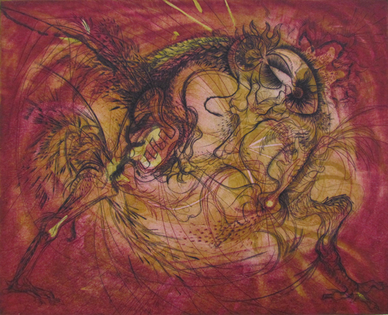 Gabor Peterdi (American, b. Hungary, 1915 - 2001), "Struggle in Darkness," 1949. Color engraving and etching on wove paper, 12 × 14 7/8 inches. Georgia Museum of Art, University of Georgia; Patrons fund purchase. GMOA 1954.314.