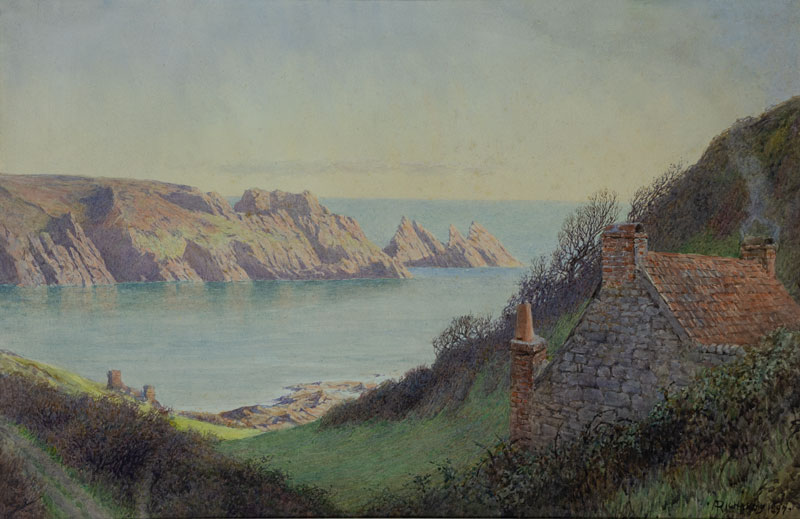 A landscape of hills and water painted by Anna Richards Brewster