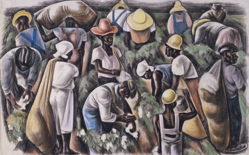 A crowded drawing by Howard Cook that shows African Americans picking cotton. Some face us. Some face away. All are hard at work.