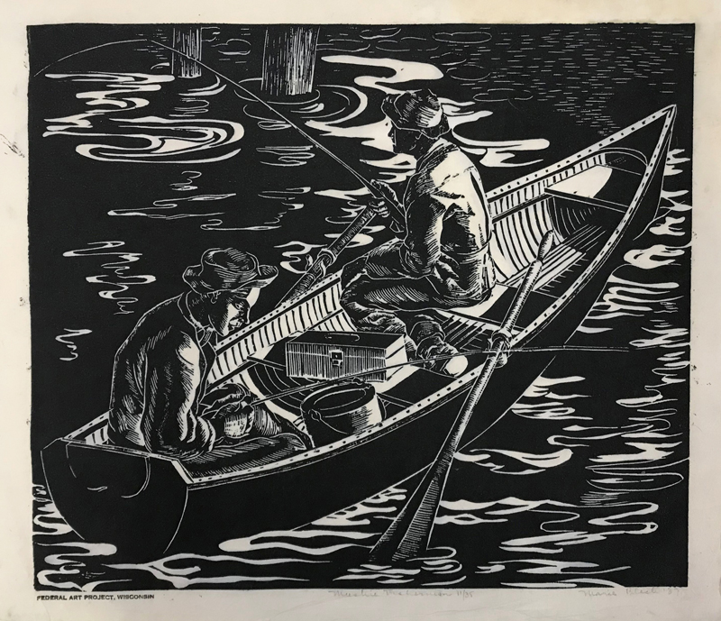 Marie Bleck (American, 1912 – 1949), “Muskie Fishermen,” 1937. Linoleum block print on rice paper, 11 3/16 × 13 inches. Georgia Museum of Art, University of Georgia; Transferred from the University of Georgia Library. GMOA 1969.2400.