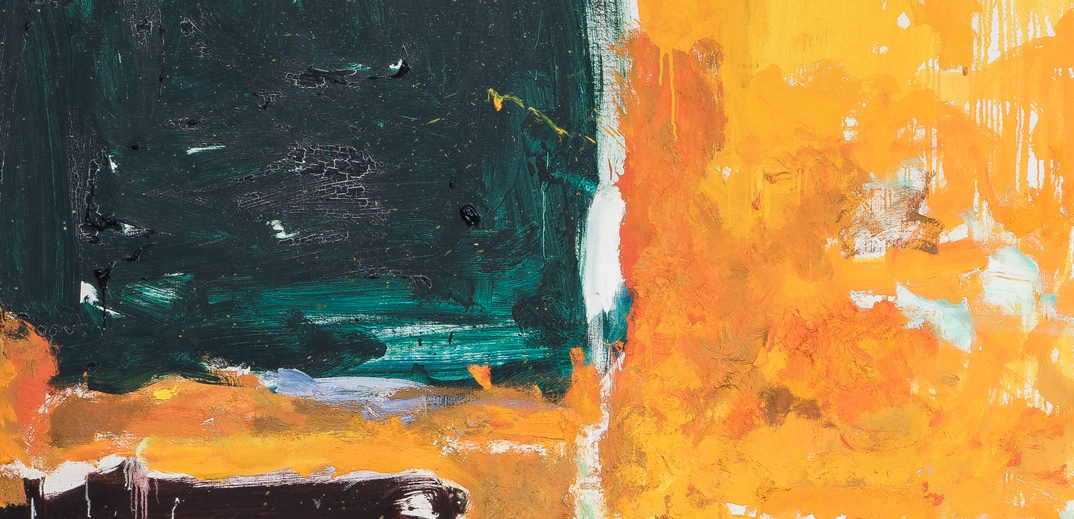 A detail of Joan Mitchell's large abstract painting "Close" that shows where paint is cracking and flaking