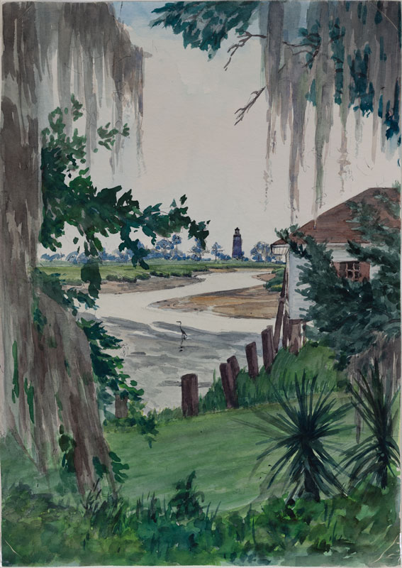 Martha Odum's watercolor of Sapelo Island's marsh and lighthouse at low tide.