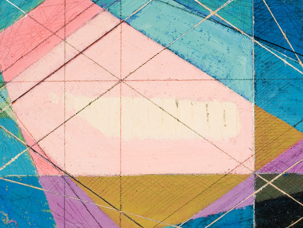 An abstract image by Pierre Daura that consists of overlapping, perhaps translucent, rectangular shapes rotated to appear like flattened diamonds. The colors are lighter toward the center and darker toward the edges.