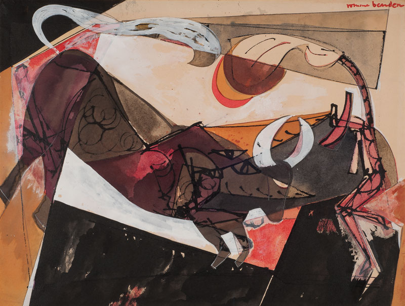 A cubist-inspired painting of a bullfight by Romare Bearden; overlapping blocks of color suggest motion