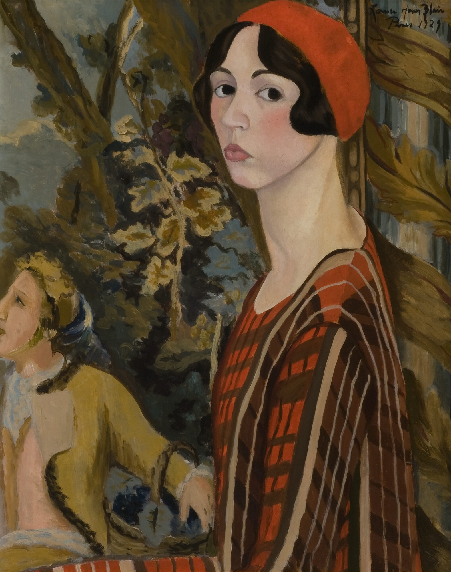 A self-portrait by Louise Heron Blair that shows her in a red beret with dark bobbed hair and a red plaid dress, standing in 3/4 face in front of a tapestry that shows people in a springtime scene