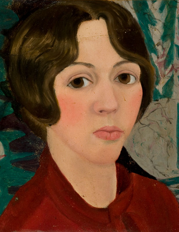 Self-portrait of Louise Heron Blair. She wears a red shirt, is seen bust length, and stares at the viewer.