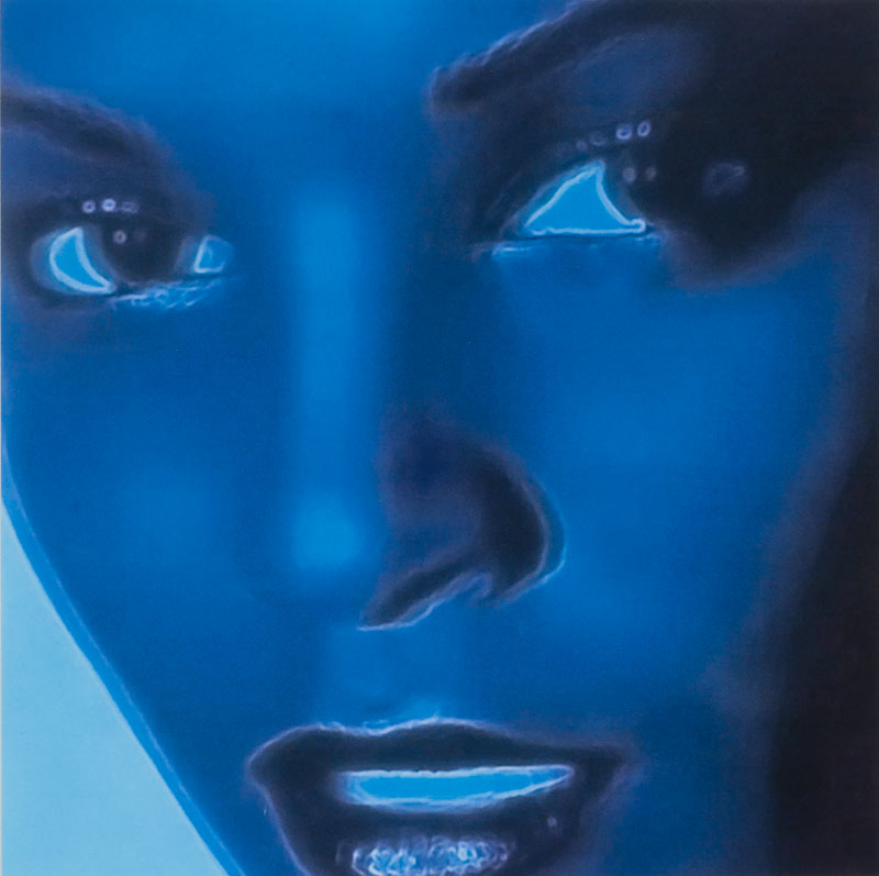 Amalia Amaki's "Blue Lady," a close-up photograph of a Black woman's face in shades of blue