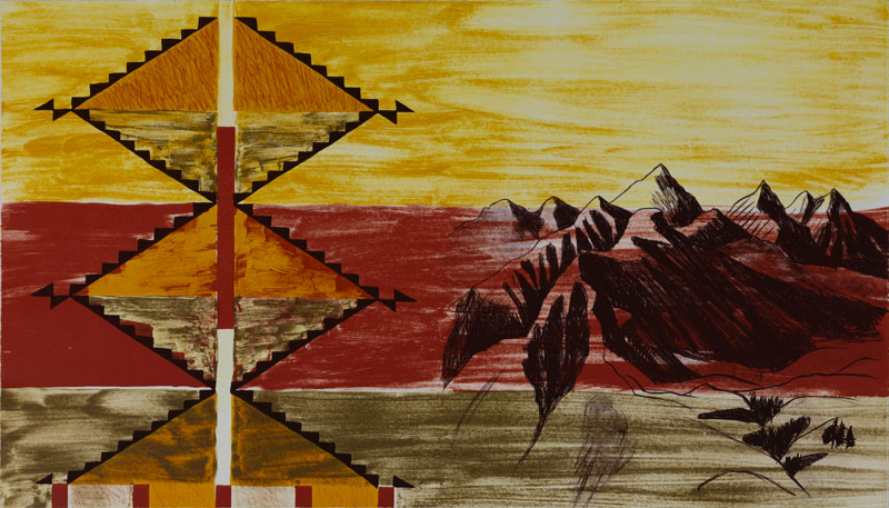 Kay WalkingStick's print "Wallowa Memory," which shows diamond patterns based on Native motifs on the left and a rendering of mountains on the right, in shades of red, yellow, green and black.
