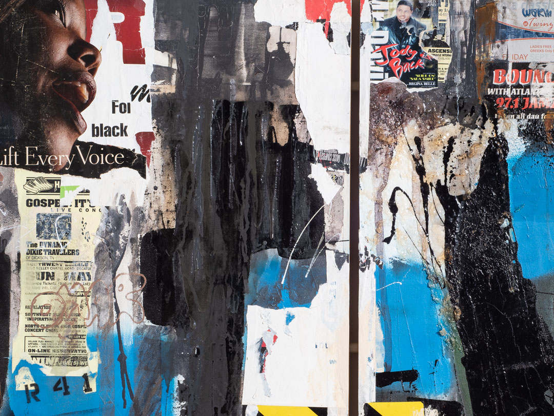 A detail of Larry Walker "Lift Every Voice," a multimedia two-panel work that resembles a wall layered with posters.