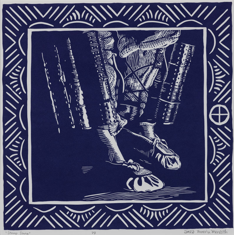 America Meredith's print "Stomp Dance," which shows a close-up of a pair of feet performing a traditional Cherokee dance.