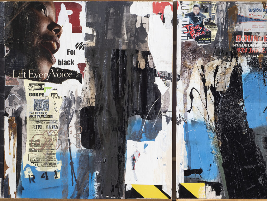 A detail of Larry Walker "Lift Every Voice," a multimedia two-panel work that resembles a wall layered with posters.