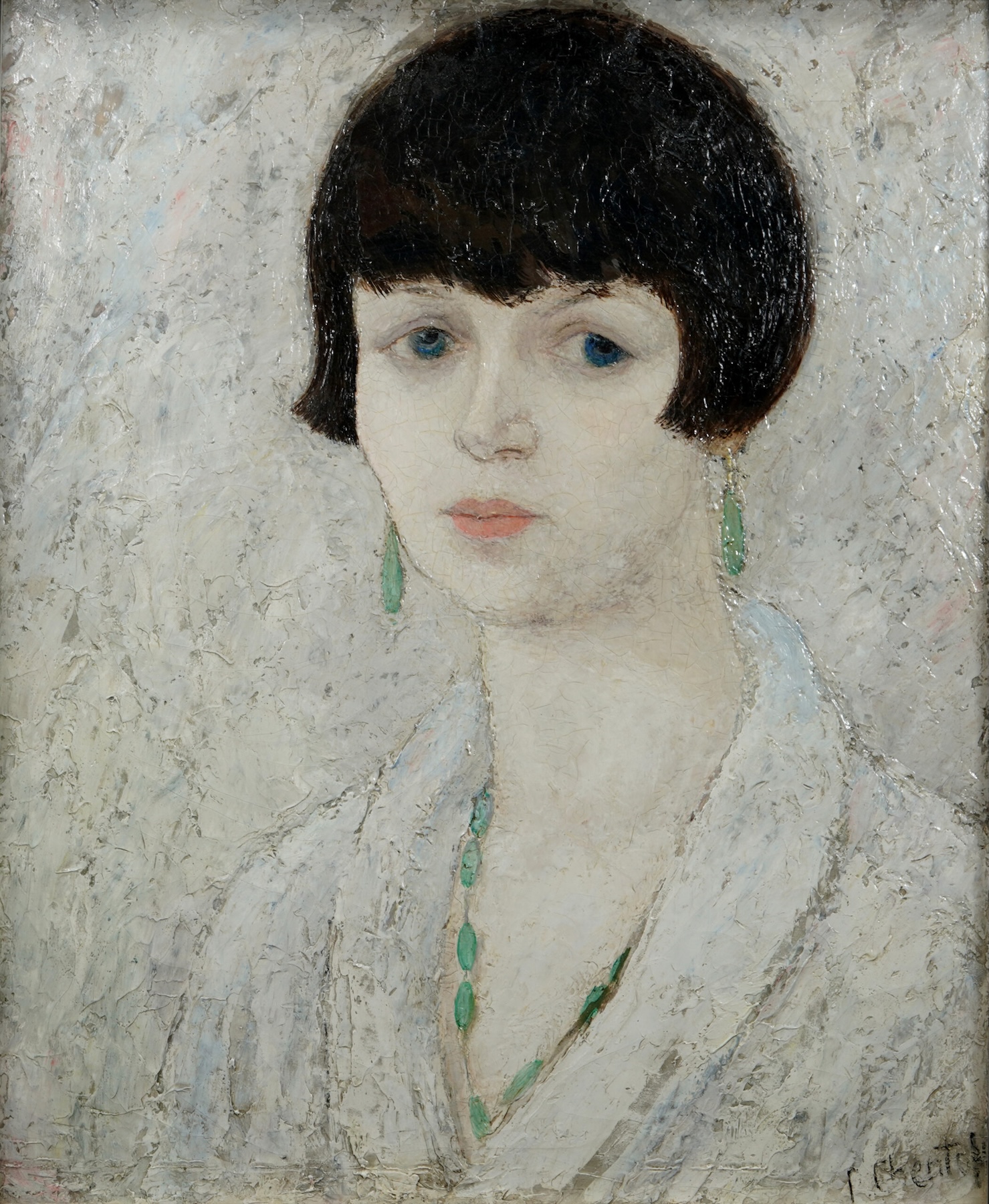 A bust-length painted portrait of modern brassiere inventor Caresse Crosby from 1921. Her hair is dark and in a very short flapper bob. She wears all white and the background is white too, thickly painted, so that she almost seems to disappear into it.