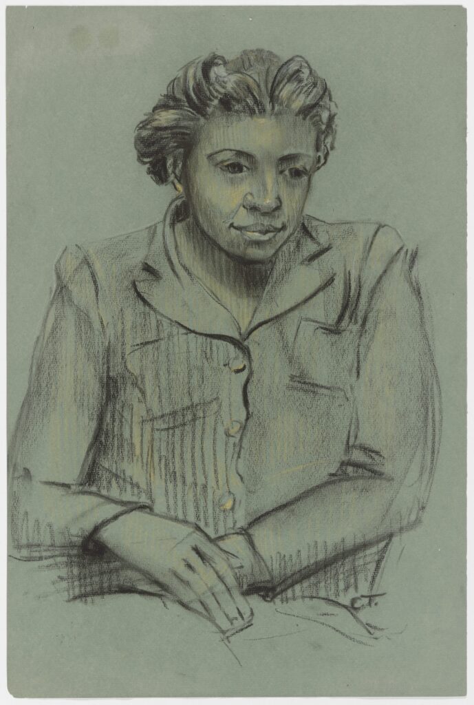 A chalk drawing of the artist Lois Mailou Jones by Celine Tabary. She's shown about half-length, with her hands folded in her lap.