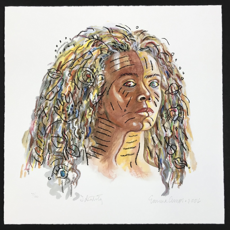 Emma Amos' self-portrait "Identity" shows the artist with colorful curls of hair covered in drawings of miscellaneous images such as an eye, treble cleft, Saturn and lips