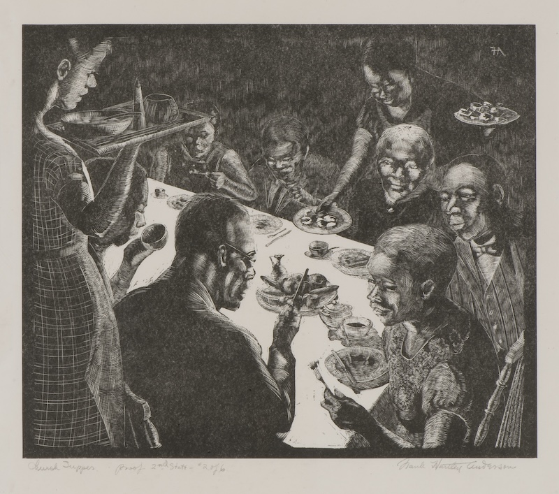Frank Hartley Anderson's wood engraving "Church Supper" depicts a group of people eating and conversing around a table as two women bring more plates of food.