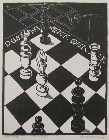 Frank Hartley Anderson's black-and-white woodcut "Dark Study" depicts the end of a chess game in which three white pieces and three black pieces remain, with the black pieces destined to lose after any move
