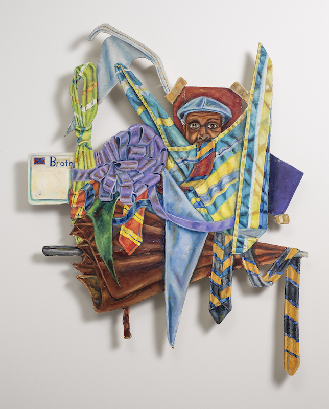 Kevin E. Cole's acrylic painting on wood "Living Off the Wall for Forsyth County" depicts a Black man hidden behind a cluster of ties, an umbrella, a giant bow and other fabrics