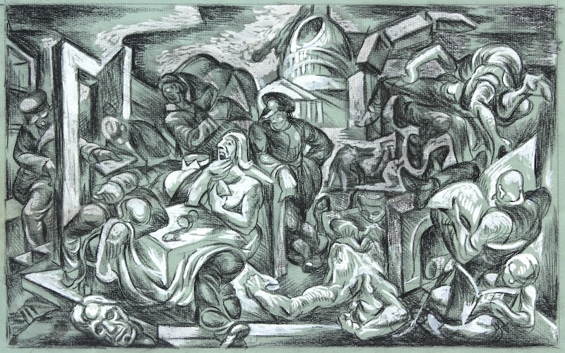 James Henry Daugherty's "Capital Storm #2" is a chaotic scene of people reading newspapers and tumbling around with the Capitol Building in the background