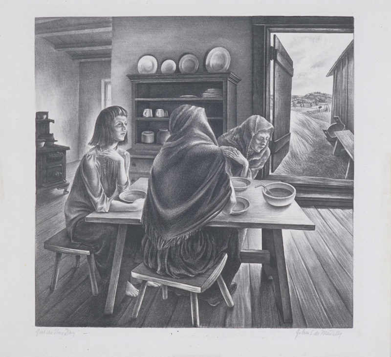 John Stockton de Martelly's lithograph "Give Us This Day" shows three women sitting at a table about to eat soup. An open door reveals a rural landscape outside.