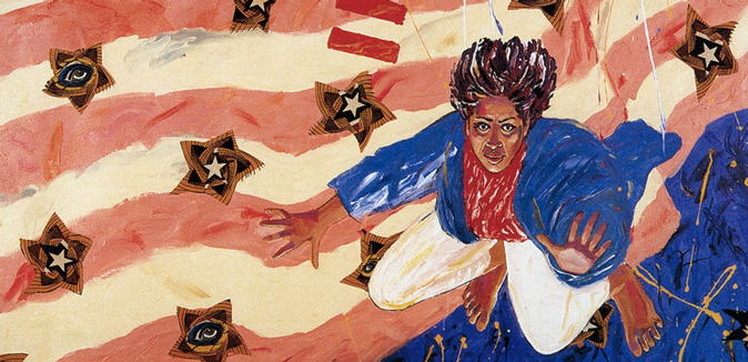 A detail of Emma Amos's "Equals," an acrylic painting on unframed, unstretched linen canvas with African fabric borders. It shows the artist seemingly falling in front of an American flag.