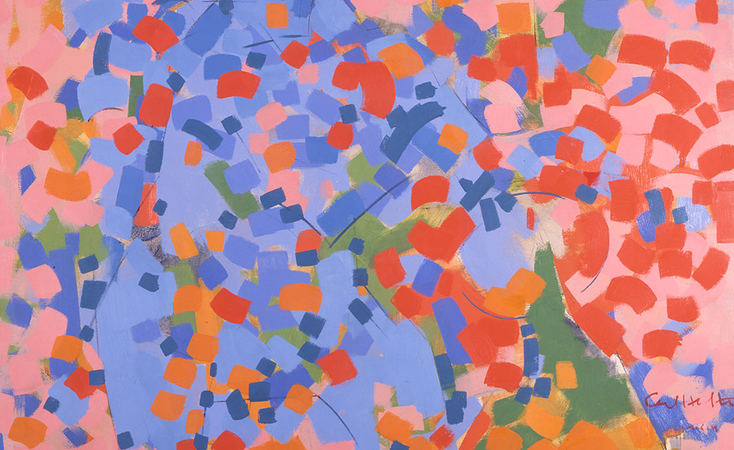 A detail of Carl Holty's painting "Two Bathers," an abstracted view of two figures in blue on a pink background, both made up of and obscured by a sea of rectangular shapes in warm and cool colors