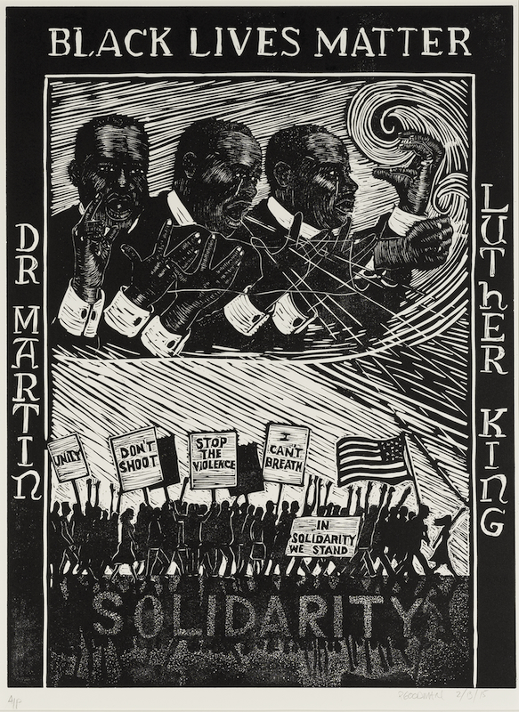 Ronnie Goodman's black-and-white linocut "Black Lives Matter" depicts three portraits of Martin Luther King Jr. speaking above a crowd of demonstrators holding signs saying "Unity," "Don't Shoot," "Stop the Violence," "I Can't Breathe" and "In Solidarity We Stand"