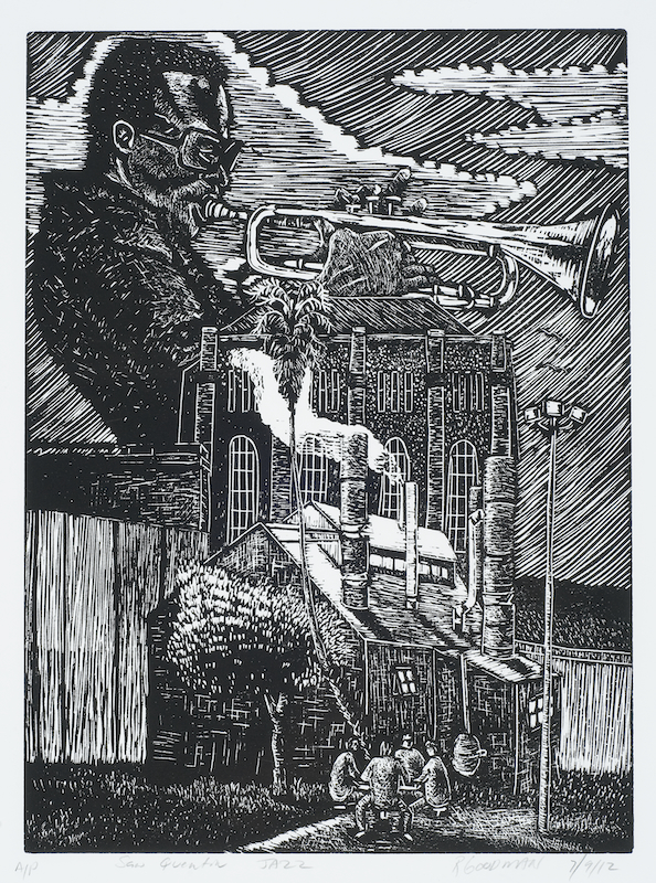 Ronnie Goodman's linocut "San Quentin Jazz" depicts a large man in the sky playing trumpet as men sit at a table below in a prison yard