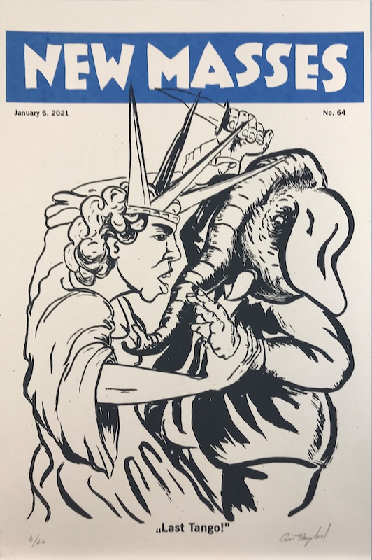 Art Hazelwood's screenprint and letterpress work "New Masses: Last Tango" depicts the Statue of Liberty restraining an elephant who is holding a dagger in the air