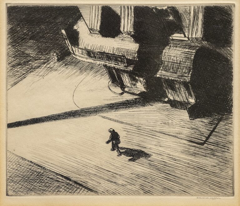 A black-and-white drypoint by Edward Hopper from his “New Republic” portfolio. From high above, we appear to be looking out a window at a small figure on the ground. No one else is around and the shadows are long.