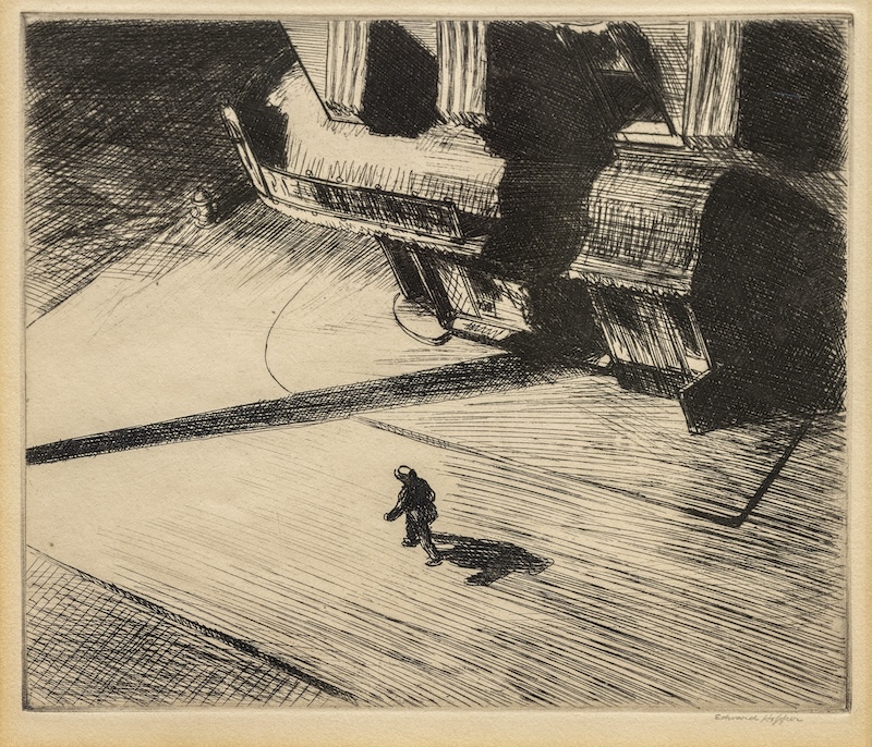 A black-and-white drypoint by Edward Hopper from his “New Republic” portfolio. From high above, we appear to be looking out a window at a small figure on the ground. No one else is around and the shadows are long.