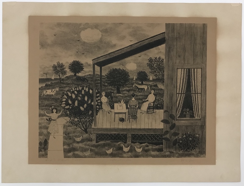 Doris Lee's lithograph "Afternoon Tea" depicts three women enjoying tea on the porch as a young girl jumps rope on the sidewalk. Cows, horses and chickens roam the yard.