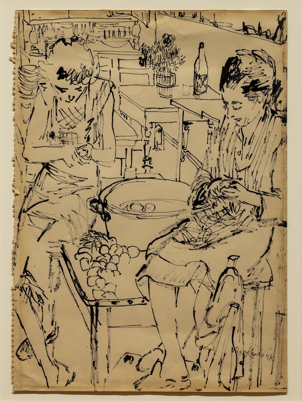 Lillian MacKendrick's drawing "Woman in Kitchen Peeling Vegetables" depicts two women sitting on a table and peeling vegetables together.