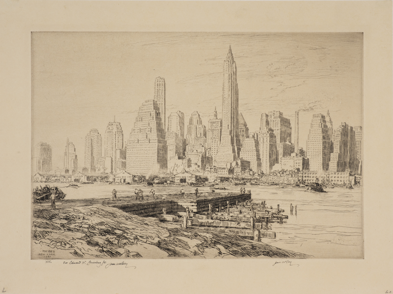 James McBey's etching "New York Harbour" depicts a shoreline of tall buildings