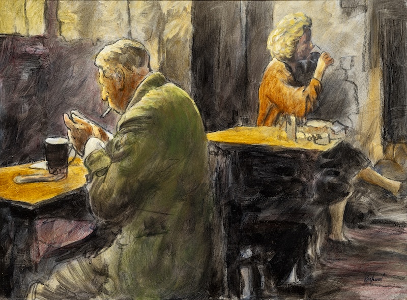 Dale Rayburn's oil painting "Table for One" depicts a man and a woman sitting at separate tables and facing opposite directions in a restaurant.