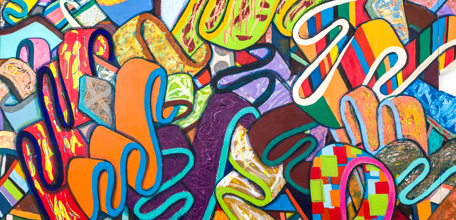 A detail of a painting by Kevin Cole that shows brightly colored simplified neckties rumpled up and overlapping one another