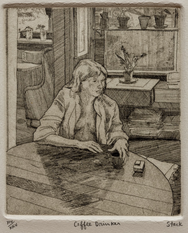 Frank Stack's etching "Coffee Drinker" depicts a relaxed woman sitting at a table with a mug in her hand.
