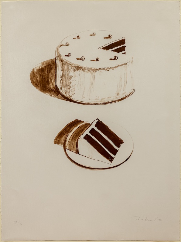 Wayne Thiebaud's color lithograph "Chocolate Cake" shows a slice of cake on a plate next to a three-layer chocolate cake.